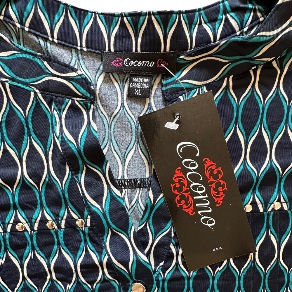 COCOMO XL Blue White Studded 3/4 sleeve women’s Pintuck Blouse top shirt - Picture 6 of 12